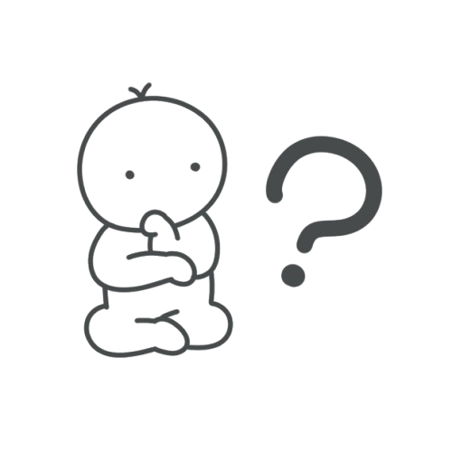 大きなクエスチョンマークを前に考え込むキャラクターの線画イラスト