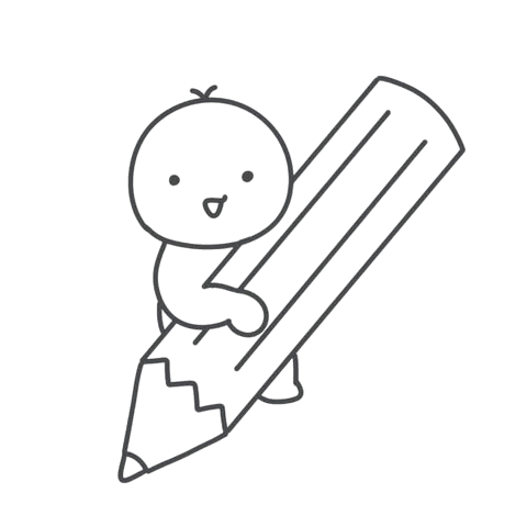 大きな鉛筆にまたがって進むシンプルなキャラクターの線画イラスト