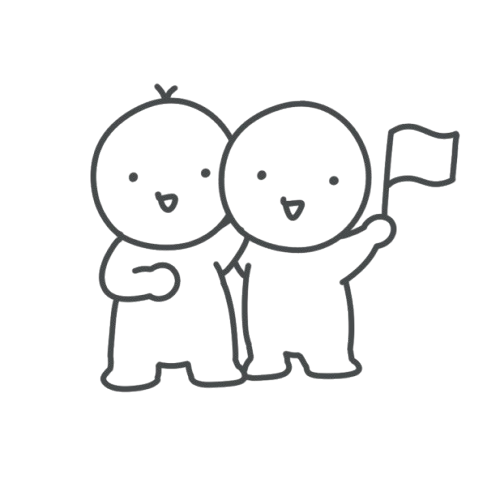 旗を掲げ並んで立つ二人のシンプルなキャラクターの線画イラスト